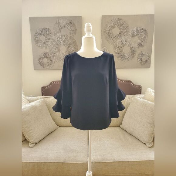 🦋 J.CREW 🦋 Tiered Bell-Sleeve Drapey Crepe Top - [Size 0, Black] - Picture 4 of 14